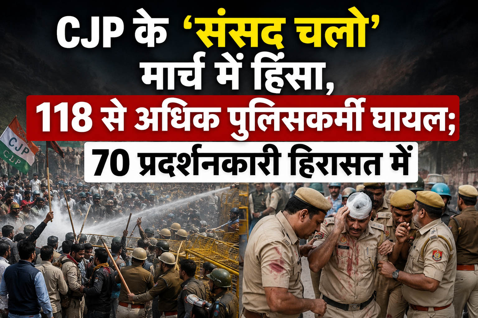 Violence during CJP’s ‘March to Parliament’; over 118 police personnel injured, 70 protesters detained. Violence during CJP’s ‘March to Parliament’; over 118 police personnel injured, 70 protesters detained.